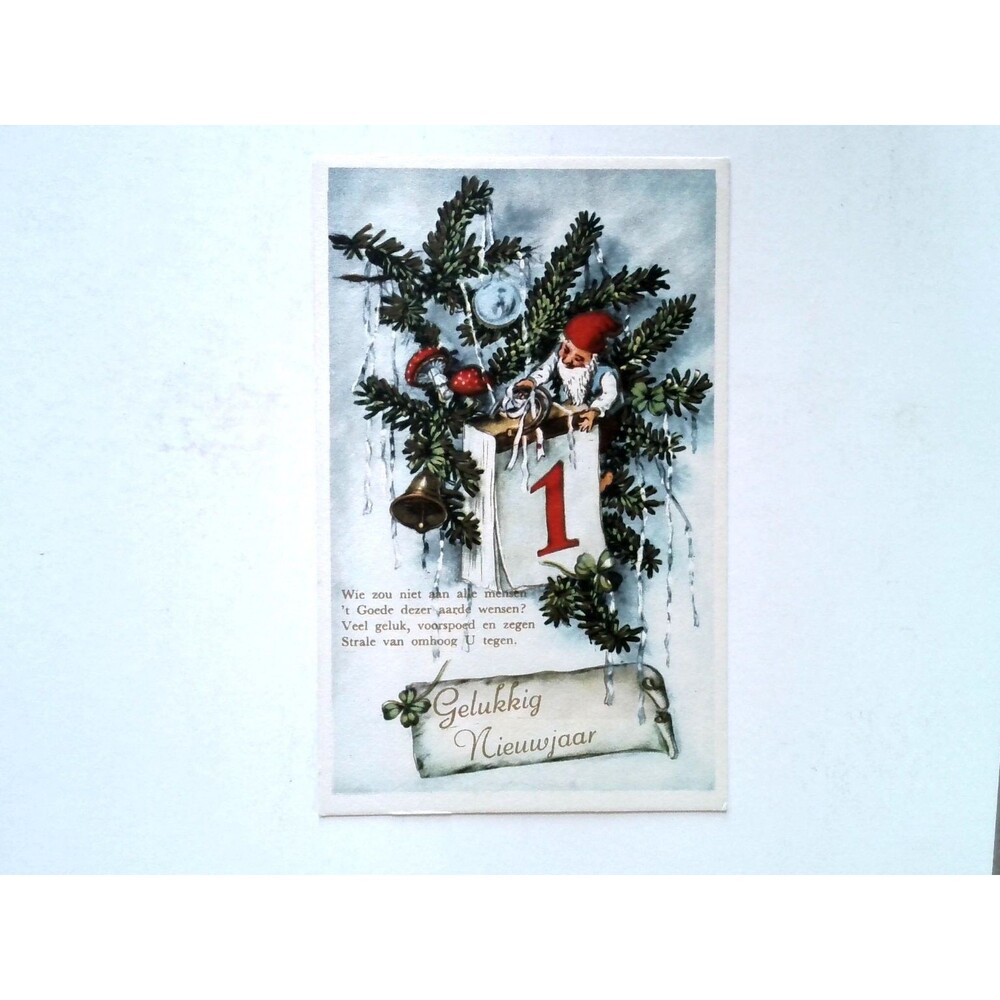 Vintage New Year Postcard Dutch Gnome Evergreen Bell Holly Number 1 Posted 1990
